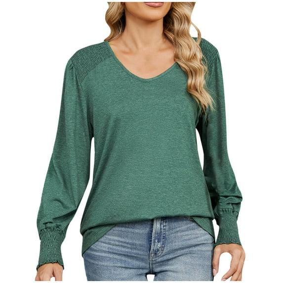 Scyoekwg Womens Long Sleeve Fall Tshirts V-Neck Lightweight Tunic Tops Vintage Loose Dressy Casual Blouses Solid Color Fall Clothes Fashion Blouses(Green,XL)