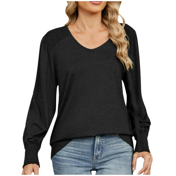 Scyoekwg Womens Long Sleeve Fall Tshirts V-Neck Lightweight Tunic Tops Vintage Loose Dressy Casual Blouses Solid Color Fall Clothes Fashion Blouses(Black,S)