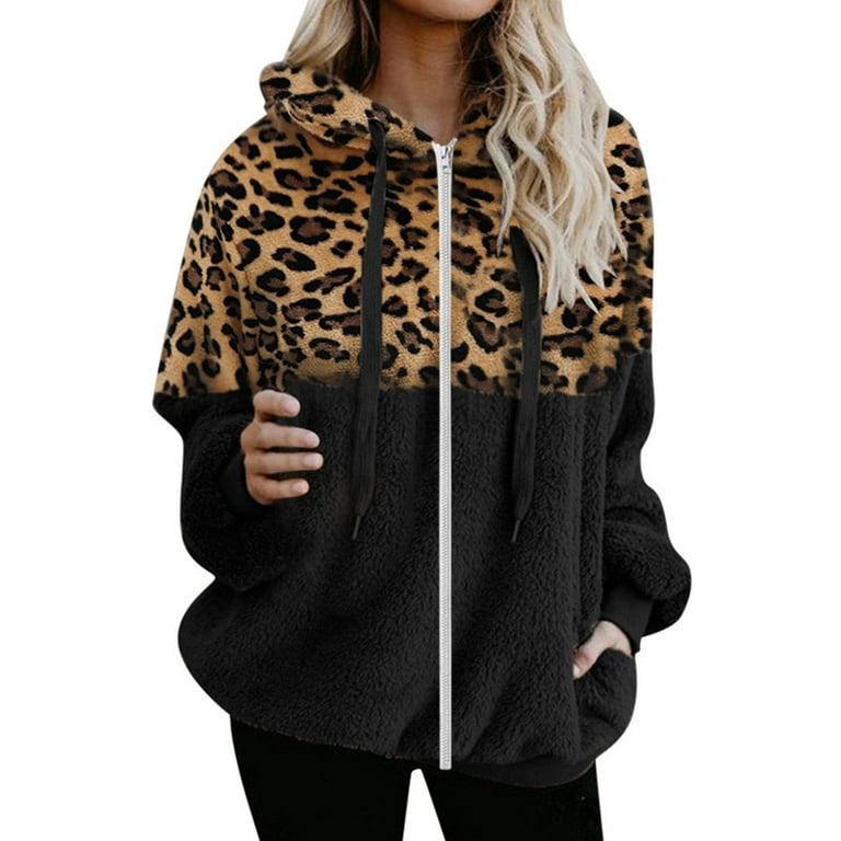 Scyoekwg Womens Long Sleeve Hooded Pullover Warm Coat Jacket Zipper Leopard  Splicing Long Sleeve Blouse Coat Hoodie Womens Tops Black XL 
