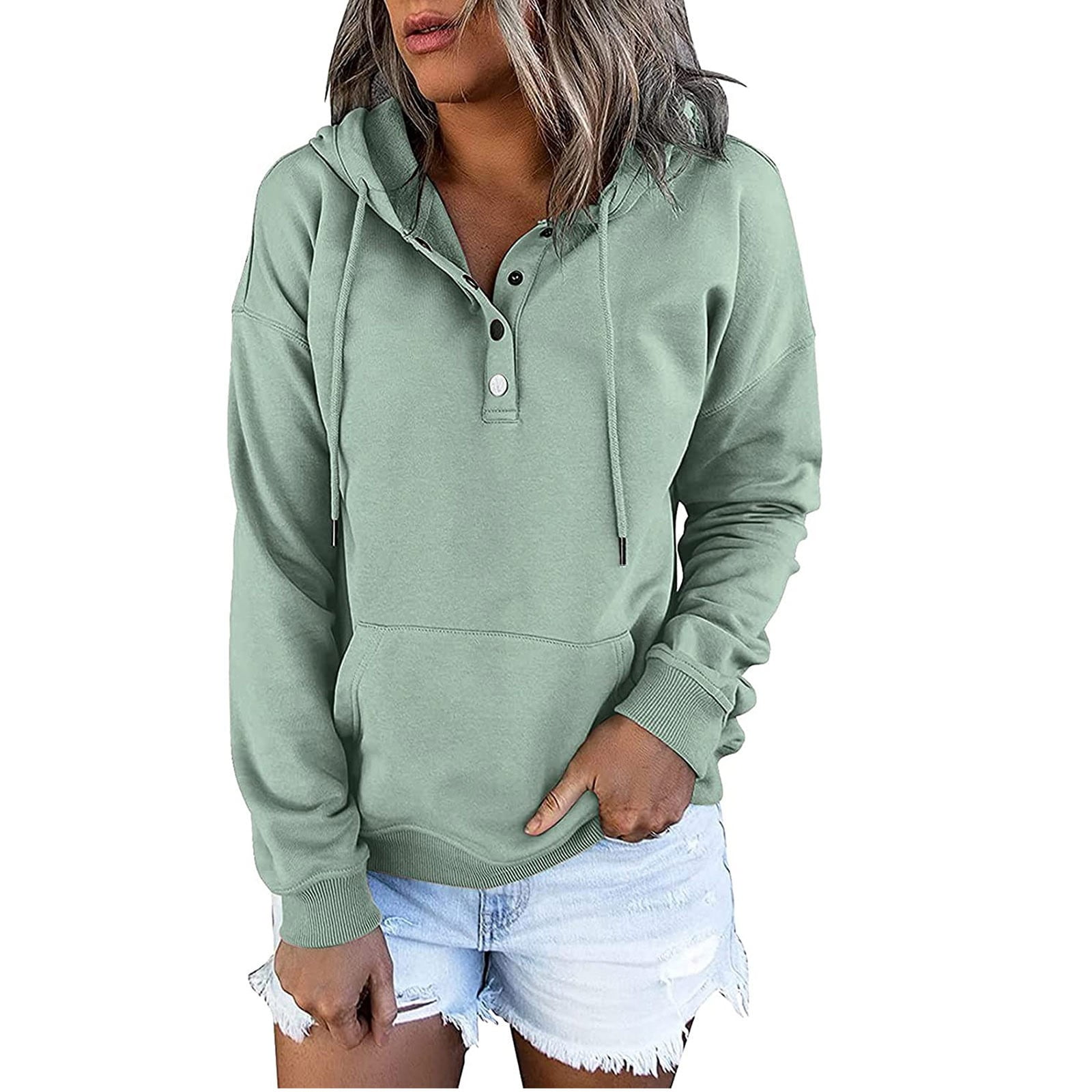 Scyoekwg Womens Long Sleeve Pullover Hoodie Fall Trendy Solid Color Hoodies  Sweaters Tops Loose Fit Casual Button Down Pocket Sweatshirts Green XL 