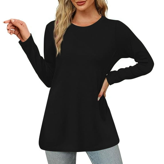 Scyoekwg Womens Long Sleeve Shirts Crewneck Lightweight Slim Tops Fashion Vintage Dressy Casual Blouses Loose Solid Color Fall Clothes Blouses(Black,XXL)
