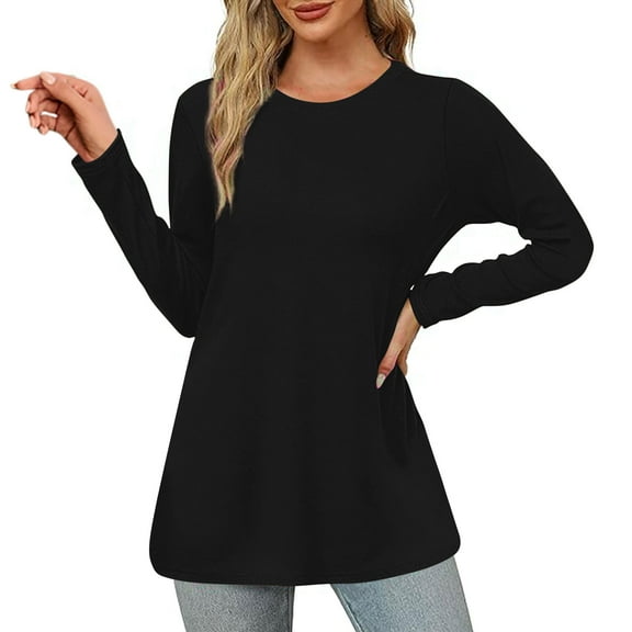 Scyoekwg Womens Long Sleeve Shirts Crewneck Lightweight Slim Tops Fashion Vintage Dressy Casual Blouses Loose Solid Color Fall Clothes Blouses(Black,M)