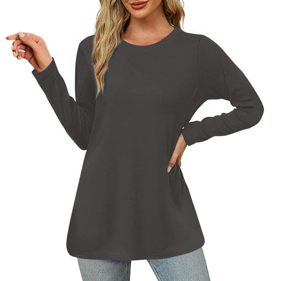 Scyoekwg Womens Long Sleeve Shirts Crewneck Lightweight Slim Tops Fashion Vintage Dressy Casual Blouses Loose Solid Color Fall Clothes Blouses(Dark Gray,M)