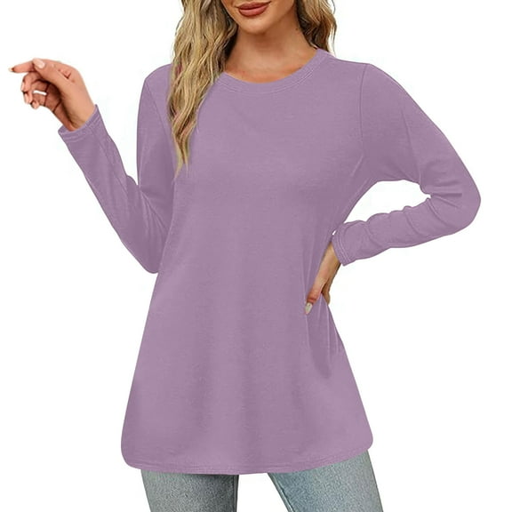 Scyoekwg Womens Long Sleeve Shirts Crewneck Lightweight Slim Tops Fashion Vintage Dressy Casual Blouses Loose Solid Color Fall Clothes Blouses(Purple,S)