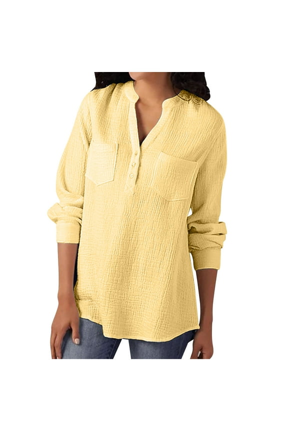 Womens Long Sleeve Shirts Fall Going Out Tops Pullover V Neck Tunic Tops Classic Solid Color Casual Loose Fit Blouses Comfy Lightweight 2025 Fashion Autumn Yellow S