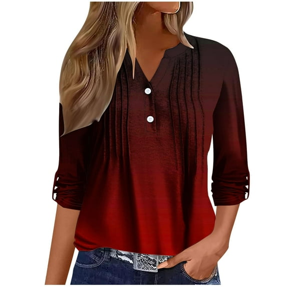 Scyoekwg Womens Long Sleeve Shirts V-Neck Button Roll Up Sleeve Pleated Shirts Loose Dressy Casual Blouses Fashion Vintage Fall Clothes Gradient Color Graphic Tops Pullover Tops(Wine,XXL)