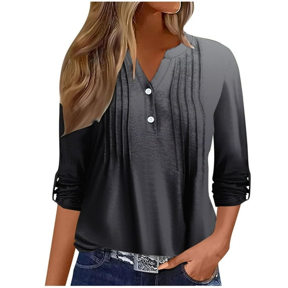 Scyoekwg Womens Long Sleeve Shirts V-Neck Button Roll Up Sleeve Pleated Shirts Loose Dressy Casual Blouses Fashion Vintage Fall Clothes Gradient Color Graphic Tops Pullover Tops(Dark Gray,S)