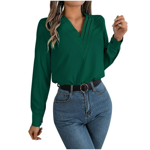 Scyoekwg Womens Long Sleeve Shirts V-Neck Lightweight Tunic Tops Solid Color Dressy Casual Blouses Vintage Loose Fall Clothes Fashion Blouses(Army Green,L)