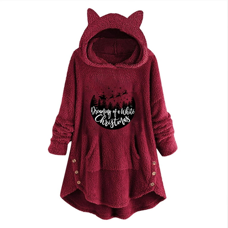 Scyoekwg Womens Long Sleeve Sweatshirts Graphic Hoodies for Women Loose  Comfy Graphic Hoodies Letter Printed Button Hem Asymmetrical Pullover  Casual Hooded Plush Coat Top Red M 