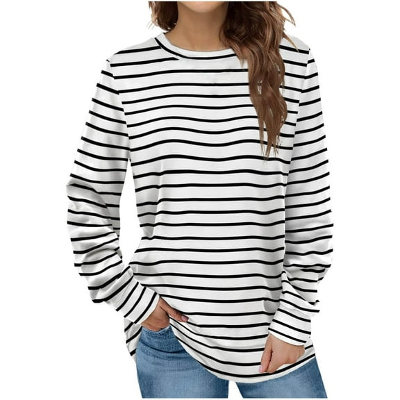 Scyoekwg Womens Long Sleeve T Shirts Crew Neck Basic Tops Dressy Casual Blouses Trendy Striped Print Lightweight Loose Fall Tops Women Blouses Pullover (Black,M)