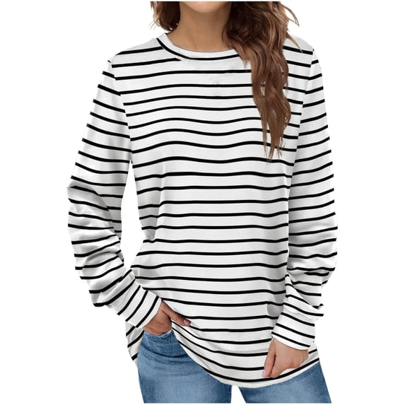 Scyoekwg Womens Long Sleeve T Shirts Crew Neck Basic Tops Dressy Casual Blouses Trendy Striped Print Lightweight Loose Fall Tops Women Blouses Pullover (Black,M)