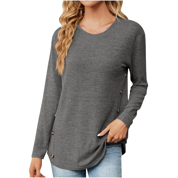 Scyoekwg Womens Long Sleeve T Shirts Crew Neck Button Tunic Tops Women Blouses Lightweight Dressy Casual Blouses Fall Tops Trendy Solid Color Pullover (Dark Gray,XL)