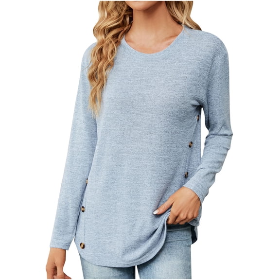 Scyoekwg Womens Long Sleeve T Shirts Crew Neck Button Tunic Tops Women Blouses Lightweight Dressy Casual Blouses Fall Tops Trendy Solid Color Pullover (Light Blue,L)