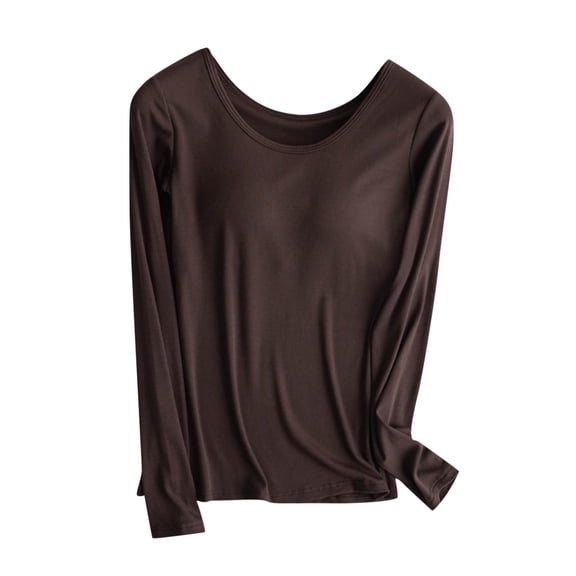 Scyoekwg Womens Long Sleeve T Shirts Crew Neck With Chest Pad T-shirt Fall Tops Dressy Casual Blouses Trendy Solid Color Lightweight Women Blouses Pullover (Coffee,XXL)