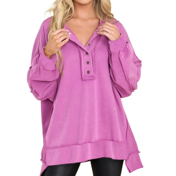 Scyoekwg Womens Long Sleeve T Shirts Solid Color Dressy Blouse Loose Lightweight Comfy Round Neck Casual Tunic (Hot Pink,XL)