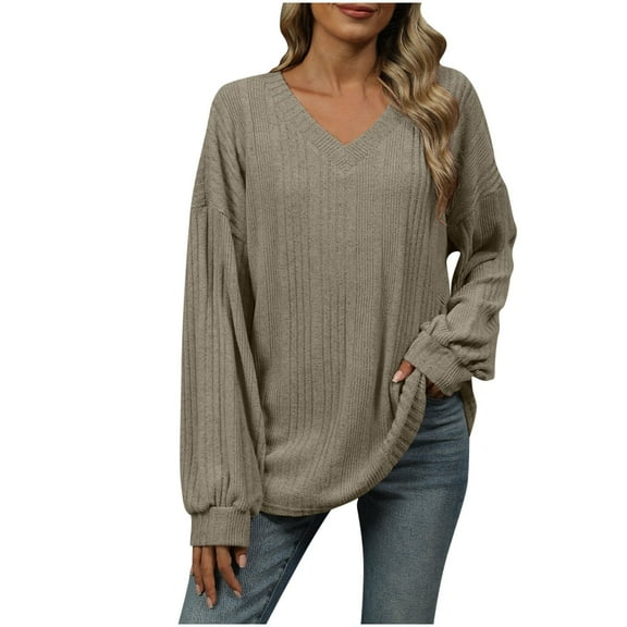 Scyoekwg Womens Long Sleeve T Shirts V-Neck Lightweight Tunic Tops Solid Color Dressy Casual Blouses Vintage Fashion Fall Clothes Loose Tops(Khaki,XL)