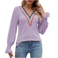 thumbnail image 1 of Scyoekwg Womens Long Sleeve Tops Casual V-Neck Eyelet Tops Crochet Lace Trim Elegant Shirts Solid Color Vintage Comfy Fall Clothes Lightweight Loose Pullover, 1 of 5