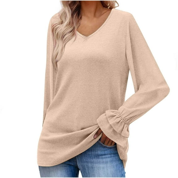 Scyoekwg Womens Long Sleeve Tops V-Neck Flared Sleeve Tunic Tops Dressy Casual Blouses Fashion Vintage Loose Fall Clothes Solid Color Tops(Khaki,S)