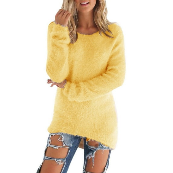 Scyoekwg Womens Long Sleeve Tops Dressy Casual Round Neck Plush Tops Tunic Shirts Classic Solid Color Comfy Blouses Tshirts Pullover (#B01=Yellow,S)