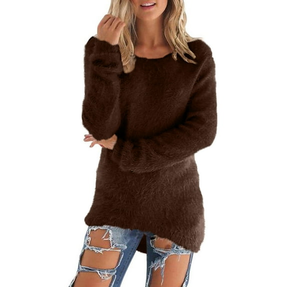 Scyoekwg Womens Long Sleeve Tops Dressy Casual Round Neck Plush Tops Tunic Shirts Classic Solid Color Comfy Blouses Tshirts Pullover (#B02=Brown,XL)