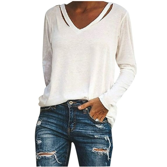 Scyoekwg Womens Long Sleeve Tops Dressy V-Neck Basic Plus Size Tops Vintage Solid Color Loose Fall Clothes Lightweight Casual Pullover