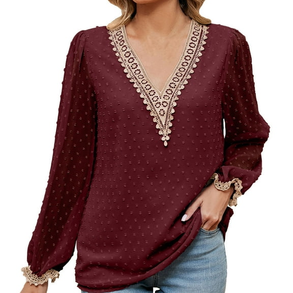 Scyoekwg Womens Long Sleeve Tops Dressy V-Neck Crochet Lace Trim Elegant Shirts Lightweight Loose Vintage Solid Color Fall Clothes Casual Pullover