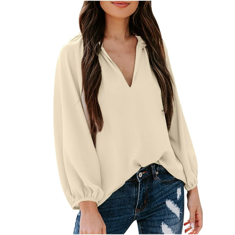 Scyoekwg Womens Long Sleeve Tops Fall Shirts for Women 2022 Daily Shirts  Fall Winter Tunic Top Shirts Classic Solid Color Long Sleeve Blouses  Lightweight Loose Pullover V Neck Beige XL 