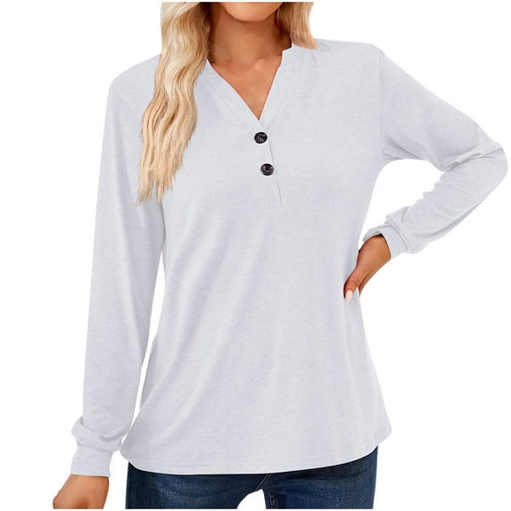 Scyoekwg Womens Long Sleeve Tops Lightweight Comfy Solid Color V-Neck Casual Dressy Blouse Loose Blouse (White,M)
