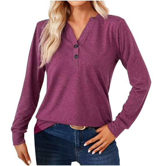 Scyoekwg Womens Long Sleeve Tops Lightweight Comfy Solid Color V-Neck Casual Dressy Blouse Loose Blouse Clearance (Wine,L)