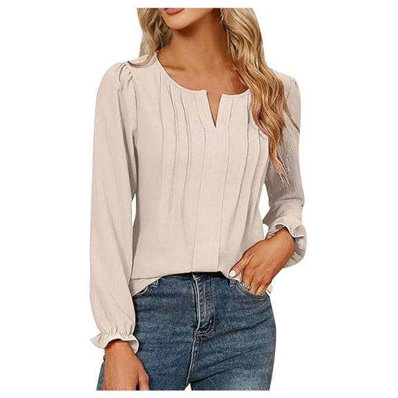 Scyoekwg Womens Long Sleeve Tops Loose Cute Tops Solid Color Dressy Casual Blouses Comfy V-Neck Basic Tops Blouses (Khaki,XXL)
