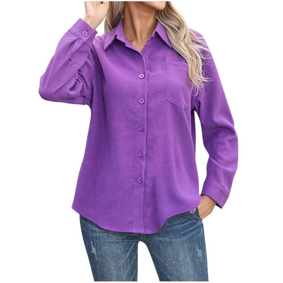 Scyoekwg Womens Long Sleeve Tops Pullover Tops Loose Solid Color Fall Clothes Turndown Collar Button Shirts Trendy Dressy Casual Womens Clothes(Purple,L)