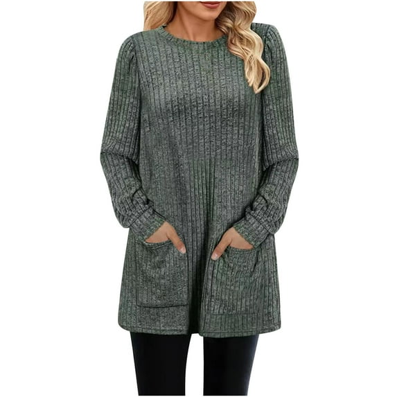 Scyoekwg Womens Long Sleeve Tops Round Neck Long Tunic Shirts with Pocket Tops for Women Trendy Loose Tshirt Lightweight Solid Color Dressy Casual Blouse Pullover (Army Green,L)
