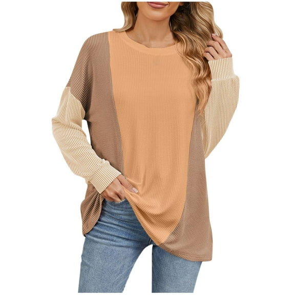 Scyoekwg Womens Long Sleeve Tops Trendy Color Block Graphic Tee Fall Clothes Pullover Tops Dressy Casual Loose Crewneck Tunic Tops Blouses(Khaki,S)