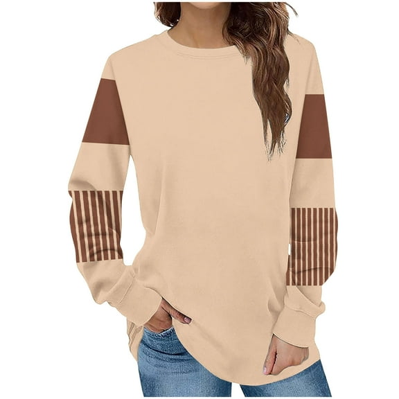 Scyoekwg Womens Long Sleeve Tops Trendy Crewneck Color Block Crewneck Sweatshirts Casual Long Sleeve Graphic Sweatshirts Pullover (Khaki,S)
