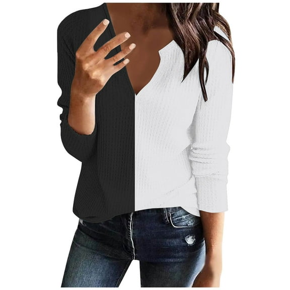 Scyoekwg Womens Long Sleeve Tops Trendy Dressy Casual Fall Clothes Loose V-Neck Regular Tunic Tops Color Block Graphic Tee Pullover Tops Blouses(Black,XL)
