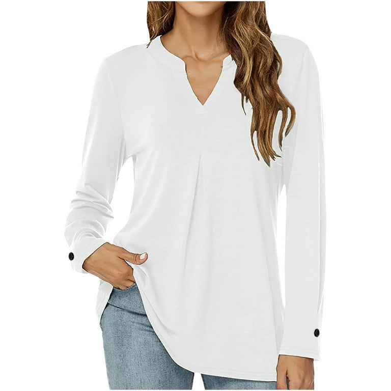 Scyoekwg Womens Long Sleeve Tops Trendy Pullover Shirts Classic Solid  Colors Notch Neck Tunic Tops Casual Loose Lightweight Blouses Comfy Soft  Long
