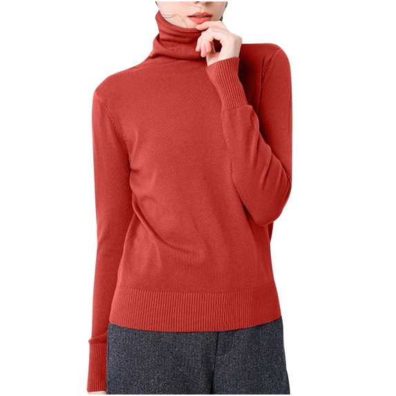 Scyoekwg Womens Long Sleeve Tops Turtleneck Fall Winter Slim Base Tops Lightweight Solid Color Women Blouses Trendy Loose Fall Tops Pullover (Watermelon Red,XL)
