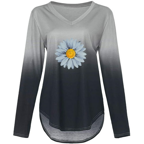 Scyoekwg Womens Long Sleeve Tops V Neck Florl Print Graphic Tee Casual Loose Fit Lightweight Blouse Gradient Color Womens Tops #B05-Gray S