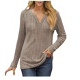 thumbnail image 1 of Scyoekwg Womens Long Sleeve Tops V-Neck Knitted Tunic Sweatshirts Trendy Lightweight Women Blouses Fall Dressy Casual Blouses Solid Color Pullover (Khaki,L), 1 of 6