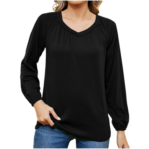Scyoekwg Womens Long Sleeve Tops V-Neck Pleated T-shirt Loose Solid Color Dressy Casual Blouse Tops for Women Trendy Lightweight Tshirt Pullover (Black,XL)