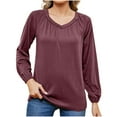 thumbnail image 1 of Scyoekwg Womens Long Sleeve Tops V-Neck Pleated T-shirt Loose Solid Color Dressy Casual Blouse Tops for Women Trendy Lightweight Tshirt Pullover (Wine,L), 1 of 4