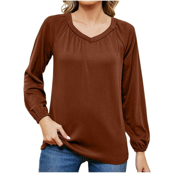 Scyoekwg Womens Long Sleeve Tops V-Neck Pleated T-shirt Loose Solid Color Dressy Casual Blouse Tops for Women Trendy Lightweight Tshirt Pullover (Coffee,XL)