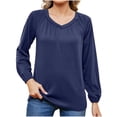 thumbnail image 1 of Scyoekwg Womens Long Sleeve Tops V-Neck Pleated T-shirt Loose Solid Color Dressy Casual Blouse Tops for Women Trendy Lightweight Tshirt Pullover (Navy,L), 1 of 4