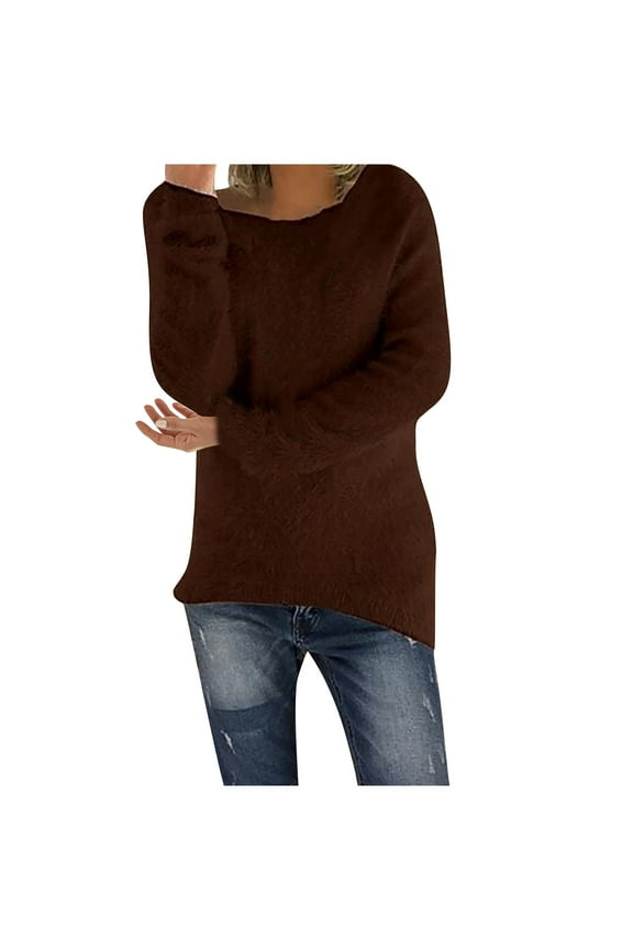 Womens Long Sleeve Tops Womens Fall Tops Tunic 2025 Fashion Tops Loose Fit Blouses Long Sleeve Fall Pullover Round Neck Classic Solid Color Dressy Casual Sweater Tops Brown XL