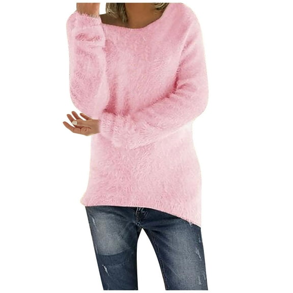 Scyoekwg Womens Long Sleeve Tops Womens Fall Tops Tunic 2025 Fashion Tops Loose Fit Blouses Long Sleeve Fall Pullover Round Neck Classic Solid Color Dressy Casual Sweater Tops Pink L