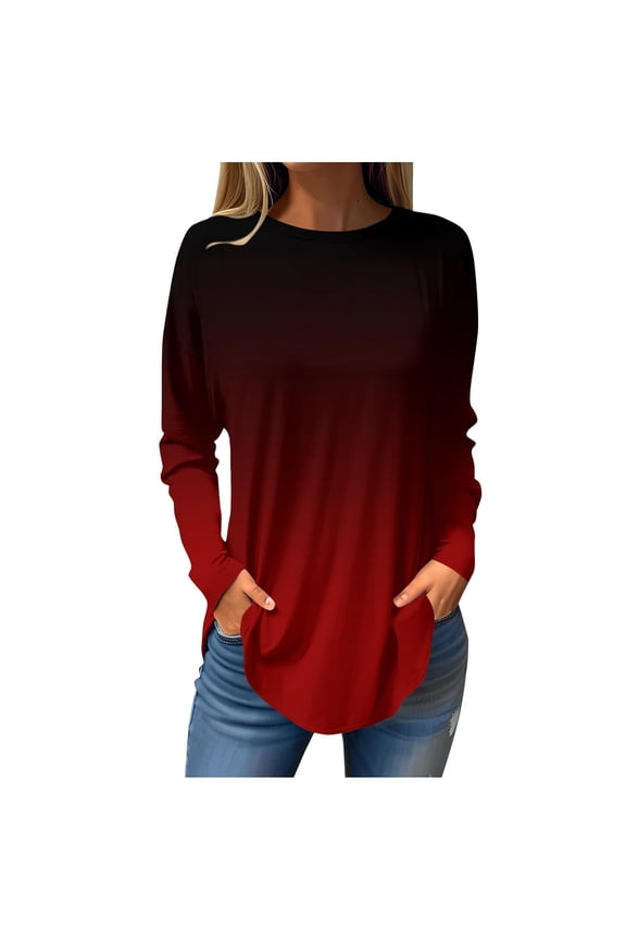 Womens Long Sleeve Tunic Shirts Gradient Color Round Neck Casual Dressy Blouses Comfy Lightweight Loose Tshirt Tops (Wine,M)