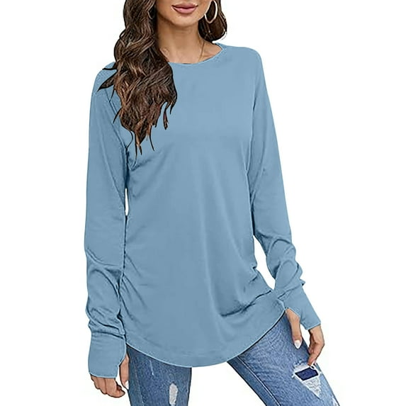 Scyoekwg Womens Long Sleeve Tunic Tops Casual Round Neck Dressy Blouses Classic Solid Color Basic Tops Tunic Tshirt Loose Lightweight Blouses (#A=Blue,XXL)
