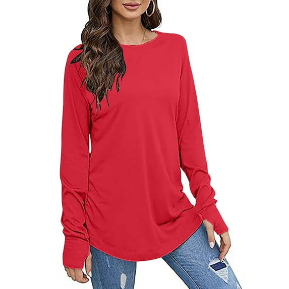 Scyoekwg Womens Long Sleeve Tunic Tops Casual Round Neck Dressy Blouses Classic Solid Color Basic Tops Tunic Tshirt Loose Lightweight Blouses (#A=Red,XXL)