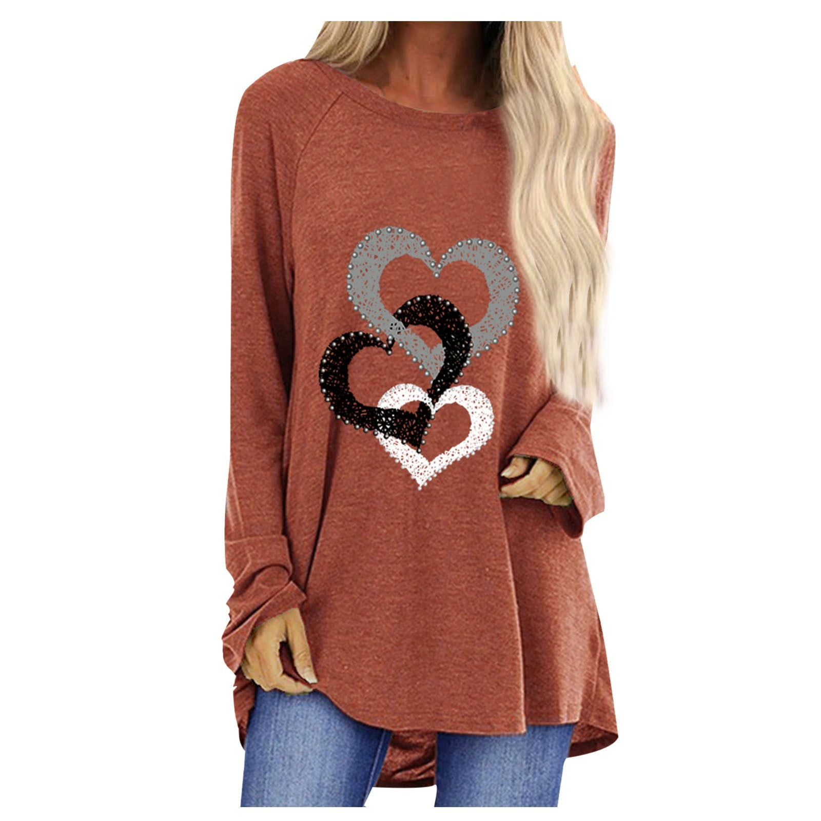 Scyoekwg Womens Long Sleeve Tunic Tops To Wear with Leggings Dressy Casual  Tops Round Neck long Tops Lightweight Oversized Loose Blouse Valentine's  Day Heart Print Shirts #B01-Coffee XXL 
