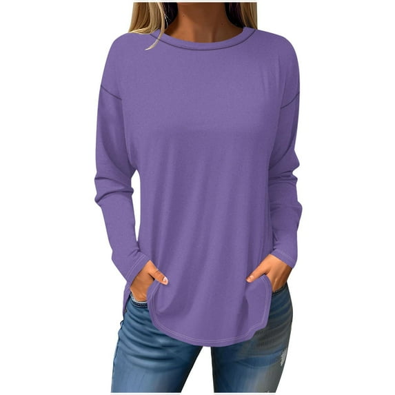 Scyoekwg Womens Long Sleeve Tunic Tops To Wear with Leggings Dressy Casual Plus Size Tops Round Neck long Tops Lightweight Solid Color Loose Blouse Shirts (#E=Purple,XXXXXL)